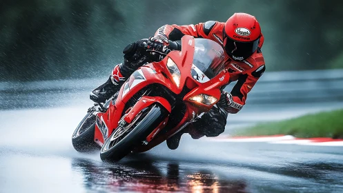 High-speed sportbike cornering on wet racetrack under heavy rain