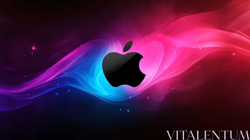 Glossy apple silhouette surfing neon cosmic lightwaves.
