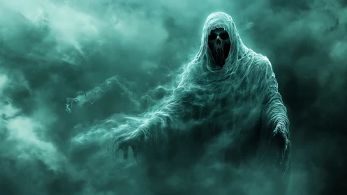 Spectral wraith composed of volumetric fog and skeletal core