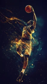 Digital illustration of dynamic basketball dunk motion.