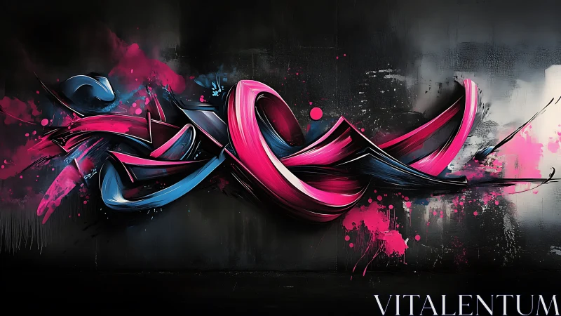 Curved magenta and cyan abstract graffiti on dark wall.