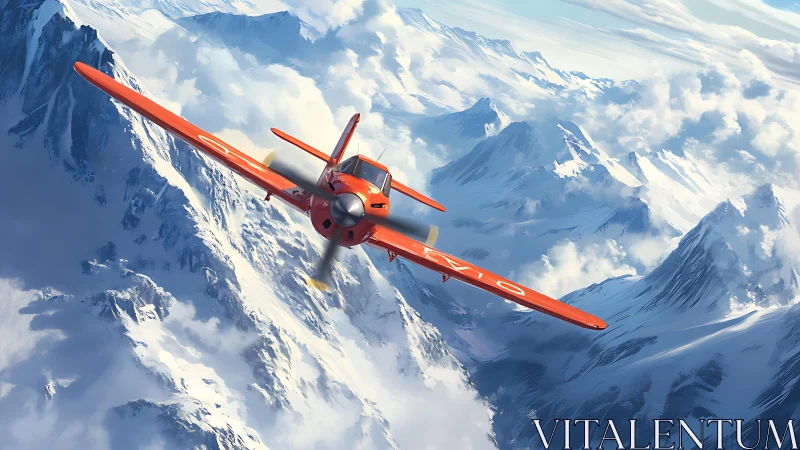 Low-wing red propeller aircraft banking over alpine snow peaks