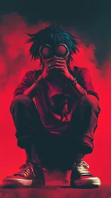 Hooded youth in gas mask crouches amid crimson smoke