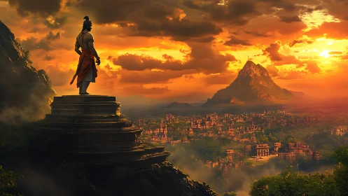 Warrior overlooks ancient valley city under blazing sunset