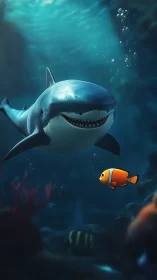 Cartoon shark approaches bright clownfish underwater scene.