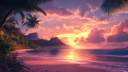 Tropical lagoon shoreline under radiant volumetric sunset light