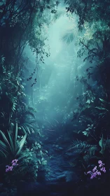 Mystical Forest Pathway Through Bioluminescent Jungle Canopy.