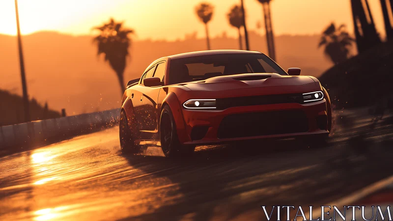 Wet-track muscle car cornering under low-angle sunset lighting