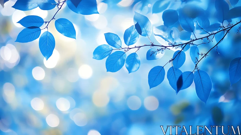 Blue foliage with bokeh background in dreamy abstract style.