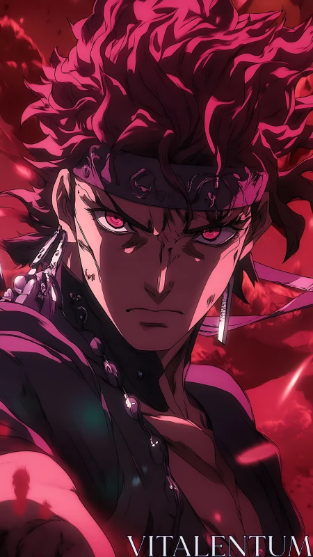 Male anime fighter in red-tinted dramatic close-up portrait.