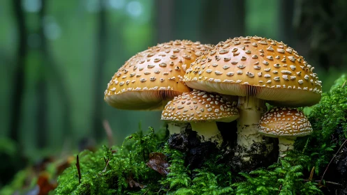 Mossy forest stage hosts spangled mushrooms in quiet chorus