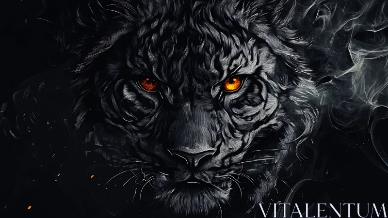 Fiery eyed tiger face emerging from dark swirling smoke.