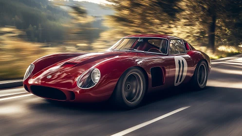 Crimson vintage racer gliding through a sunlit forest road.