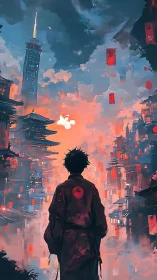 Urban samurai observing neon-pagoda skyline at dusk convergence.