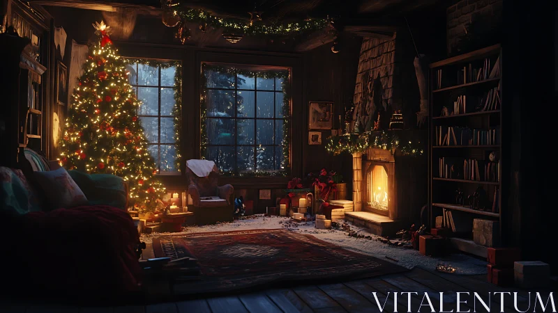 Cozy winter cabin interior with lit Christmas tree and hearth