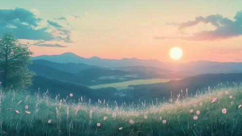 Sunlit valley landscape with distant mountains and meadow.