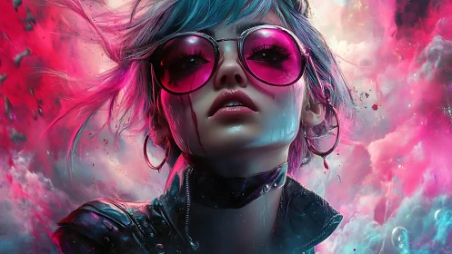 Neon punk woman in pink glasses against glowing clouds.