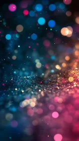 Neon bokeh galaxy with glittering light orbs at night.