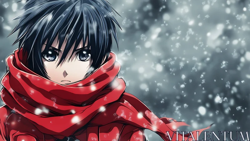 Anime portrait of boy in red scarf amid falling snowflakes