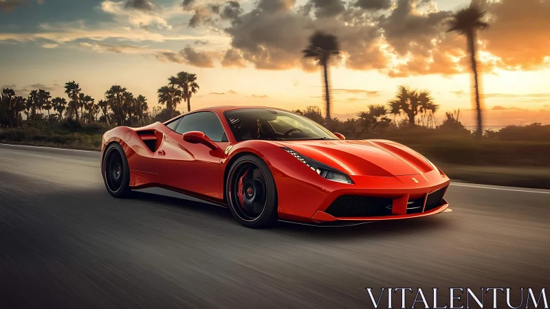 Red sports car drives on coastal highway at sunset light