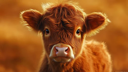 Fluffy brown calf portrait on warm golden background.