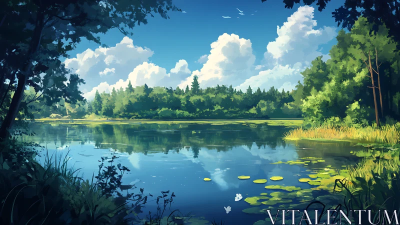 Sunlit forest lake under towering summer clouds.