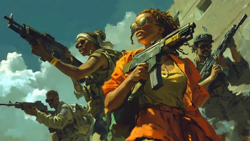 Armed squad advances under stormy skies in bold painterly style