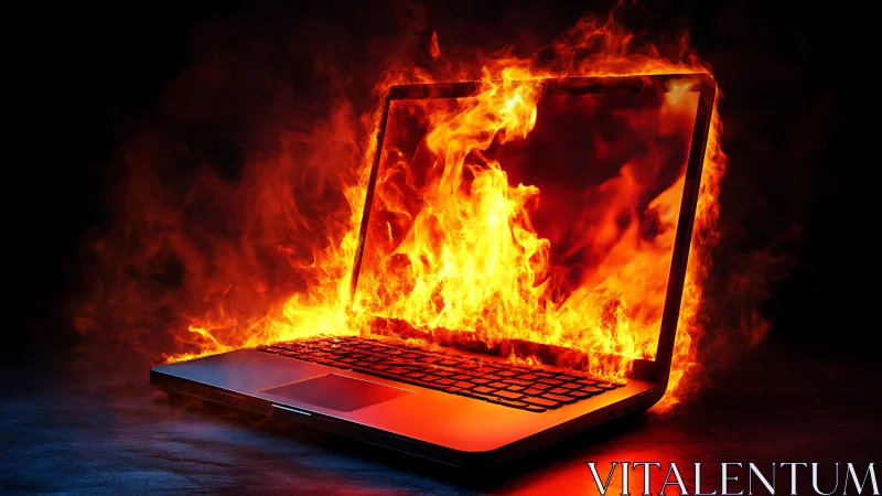 Laptop computer engulfed in intense flames and fire.