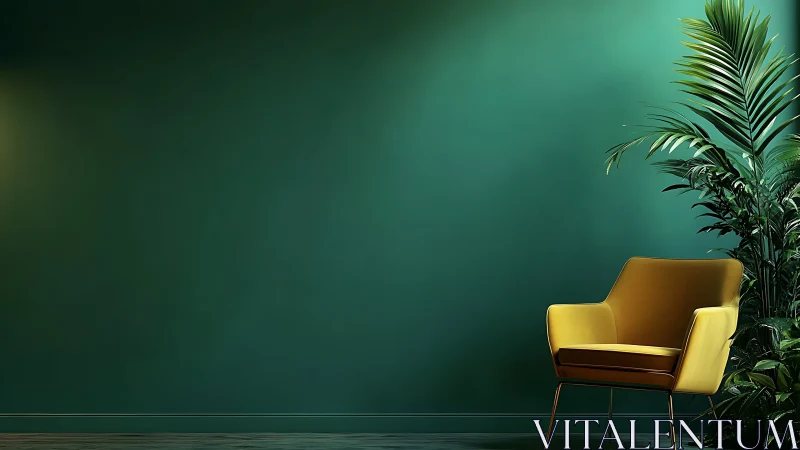 Mustard lounge chair with tropical plant on emerald wall.