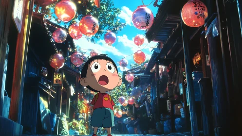 Child under lantern-lit alleyway rendered in high-saturation anime lighting