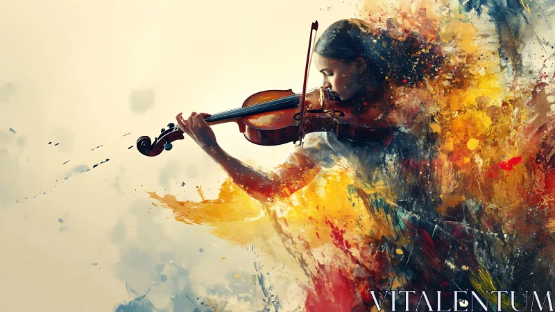 Violinist in dynamic color burst with abstract paint dispersion