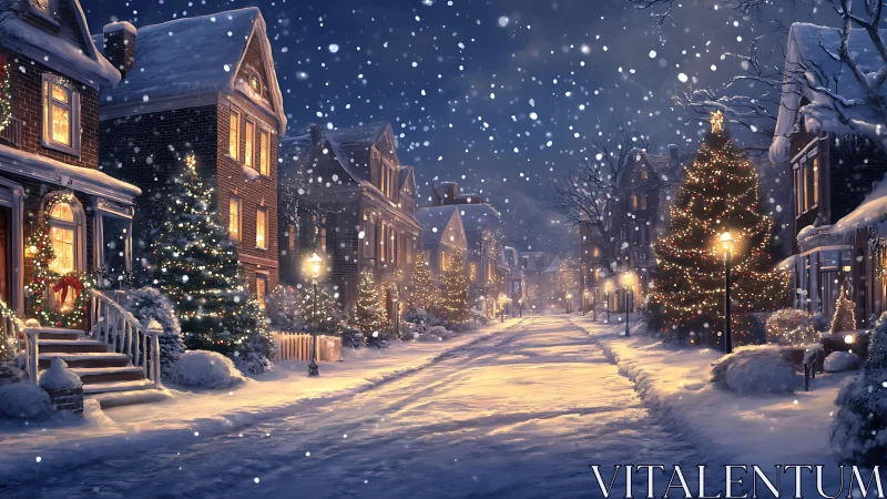 Snow-laden residential street under warm Christmas lighting at night