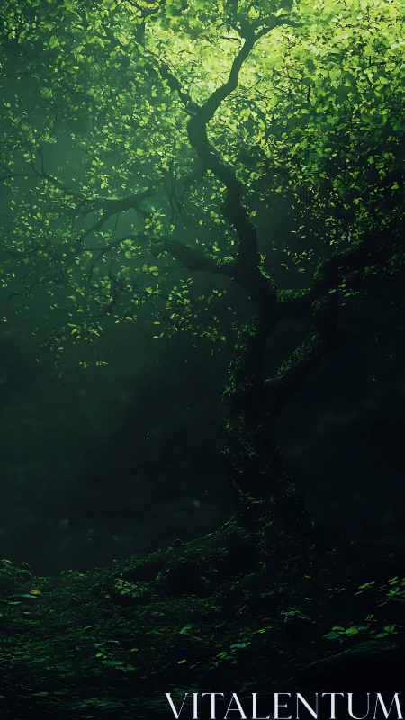 Soft green forest glow around a quietly twisting tree.