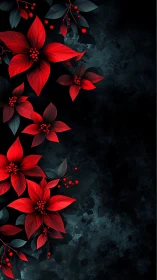Red poinsettia cluster glows over dark textured void.