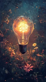 Illuminated glass bulb is suspended above dense wildflowers