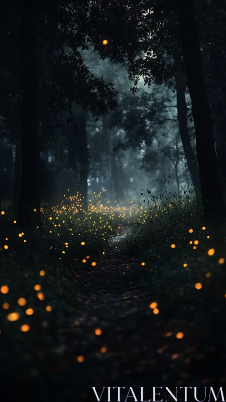 Enchanted Forest Path Glowing with Fireflies at Night