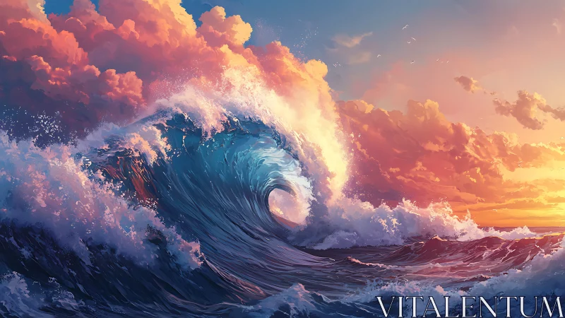 Sunlit ocean wave curls under blazing sunset sky.