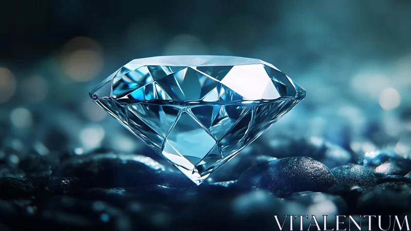 Luminous blue-cut diamond resting on wet pebbled ground.