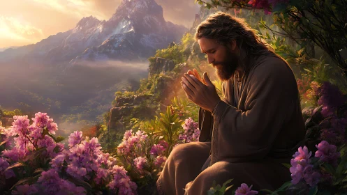 Mountain dawn kneels beside blooming prayers of soft light