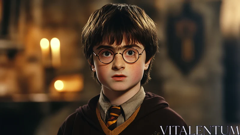 Young wizard boy stands in candlelit stone hall portrait.