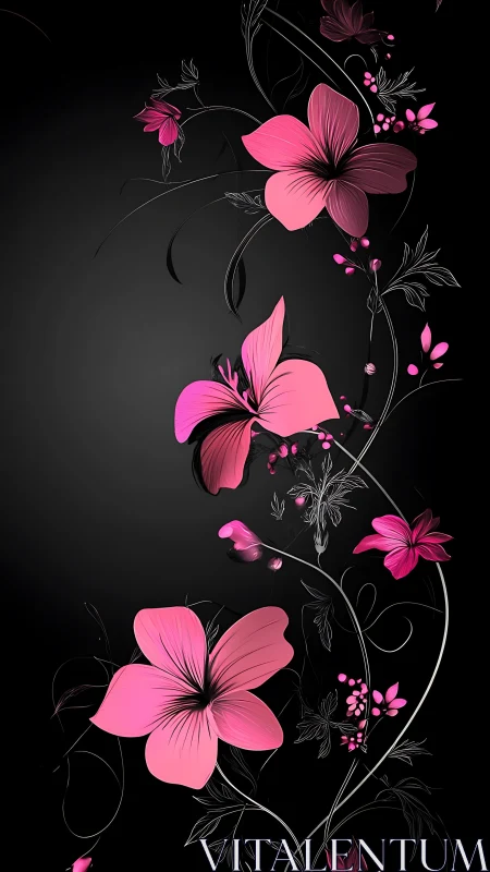 Vibrant Pink Flowers Dance Against Deep Black Elegance