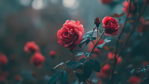 Deep Depth-of-Field Garden Rose Composition with Selective Focus and Atmospheric Bokeh Background