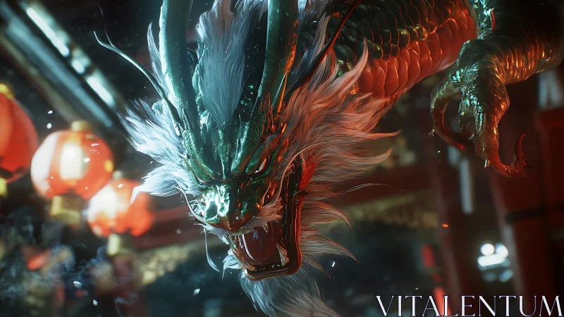 Bioluminescent oriental dragon lunges through lantern-lit shrine