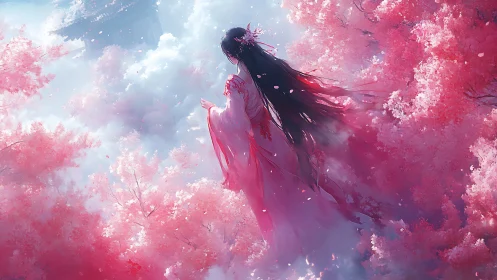 Ethereal maiden walks through floating sakura cloud garden