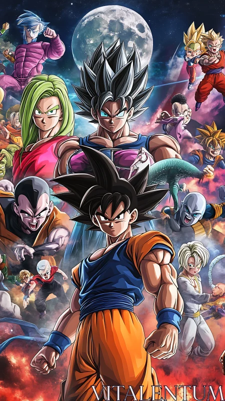 Dragon Ball heroes gathered in fiery cosmic battle scene.