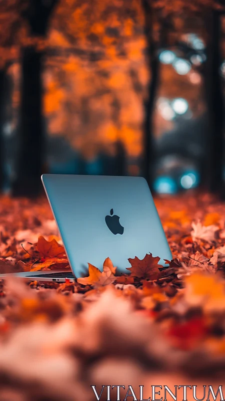Laptop on autumn leaves with soft blurred forest background.
