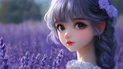 Lavender field anime portrait with volumetric purple lighting.