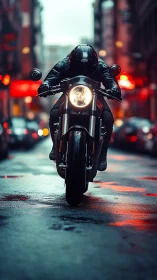 Urban night rider leans into the glow of rainy city streets
