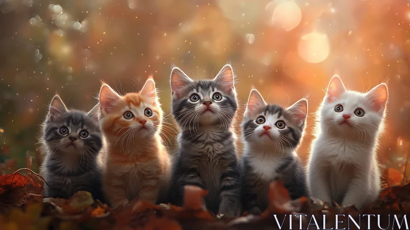 Five Kittens Gaze Upward Through Enchanted Golden Light