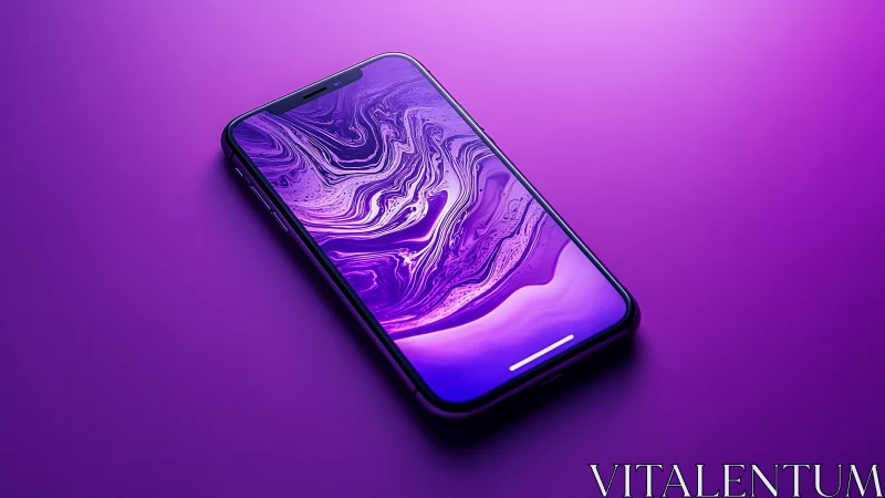 Smartphone displaying fluid abstract purple gradient with liquid marble display texture